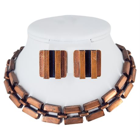 Vintage Heavy Copper Necklace & Clip Earrings Set