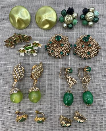 8 Pairs of Vintage Emerald Hued Clip on Earrings
