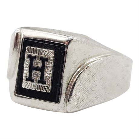 Vintage ESPO Sterling Silver Black Onyx "H" Signet Ring, Sz 11