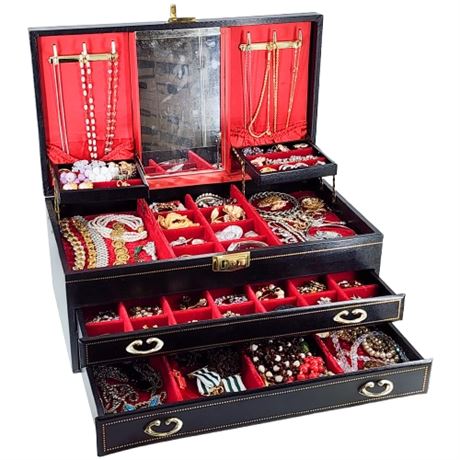 Vintage Ladies' Large Black Jewelry Box Full of Imperfect Pretties