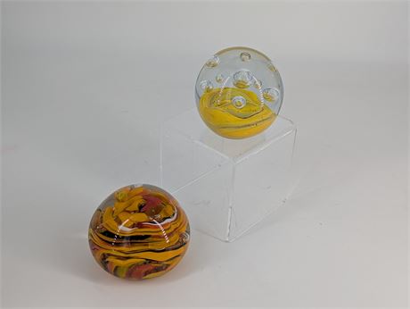 Lot 2 Paperweights - Orange + Yellow Swirl Art Glass Paperweights