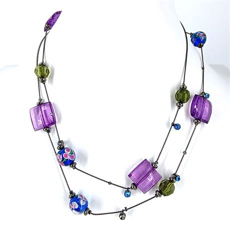 Vintage Beaded Necklace – Purple, Green & Blue Glass on Wire