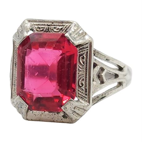 Vintage Art Deco Sterling Silver Pink Paste Ring, Sz 4.5