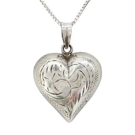 Vintage Sterling Silver Etched Puffy Heart Pendant Necklace