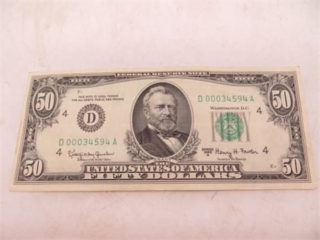 1963 A $50 Federal Reserve Note #D 00034594 A