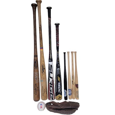 Wood / Metal Baseball Bat / Baseball / Glove Lot