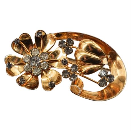 Vintage CORO Prong Set Rhinestone Floral Swoosh Brooch