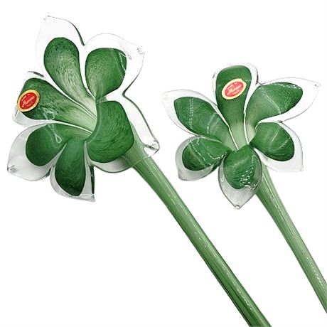 Pair Murano Art Glass Long Stem Green Flowers