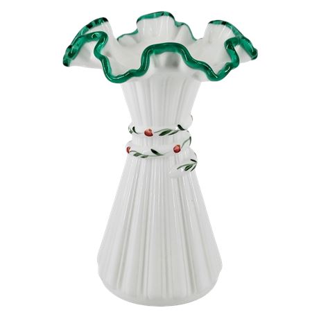 Fenton Art Glass Hand-Painted Milk Glass Wheat Vase Emerald Green Trim