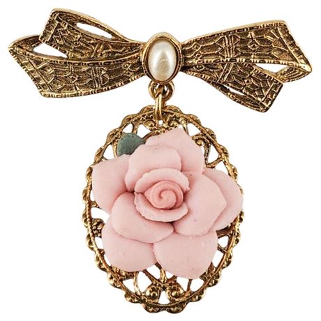 Vintage 1928 JEWELRY Porcelain Rose Bow Brooch