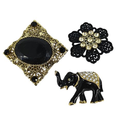 Vintage Brooch Trio Black & Gold Rhinestone Elephant Filigree Floral Pins