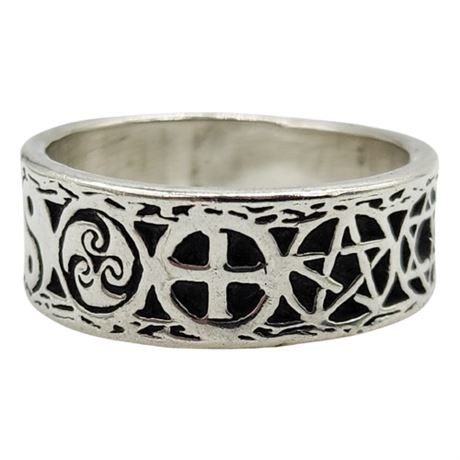 Signed JT Sterling Silver World Religions Band Ring, Sz 7.5