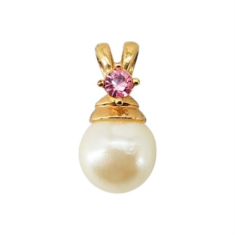 Vintage Gold Tone Faux Pearl & Pink Rhinestone Pendant