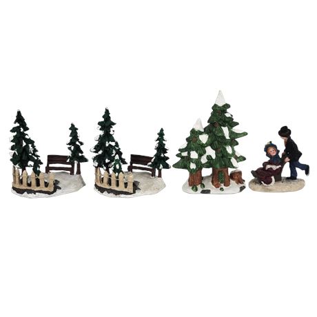 Cobblestone Corners Tree Bench Scenes (2) / Christmas Tree / Girl & Boy Figure