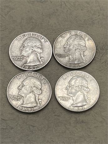 1957 D, 1961 D, 1963 D & 1964 Washington Quarters