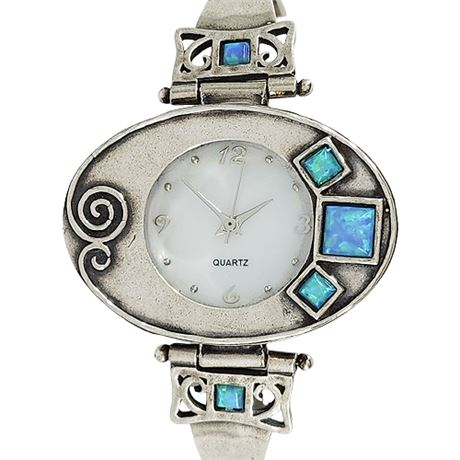 Signed Sterling Silver Lab Created Opal Mother of Pearl Wrist Watch