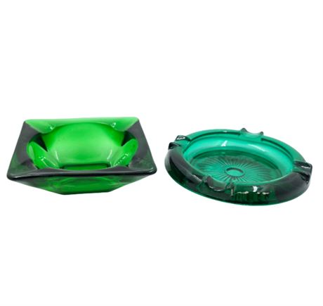 VTG Lot of 2 Green Glass Ashtrays