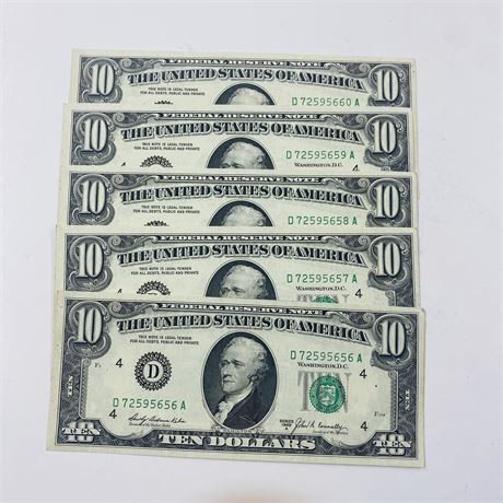 5 Consecutive 1969 $10 Bills