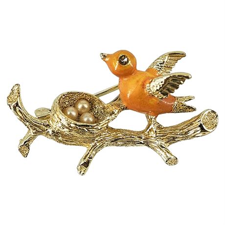 Vintage GERRY'S Bird w/ Faux Pearls in Nest Brooch