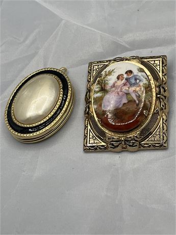 Signed cameo hand, painted brooch and gold tone, full pearl locket lot