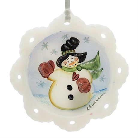 2001 Fenton Hand Painted Frosted Glass Snowman Ornament