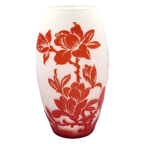 Galle Style Red Floral Overlay White Frosted Glass Vase