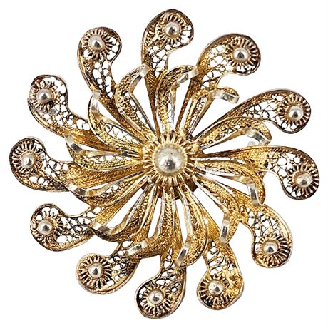 Vintage Gold Over Sterling Silver Filigree Pinwheel Flower Brooch