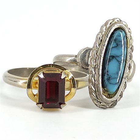 Adjustable Costume Rings Garnet Colored Glass & Turquoise Colored Cabochon