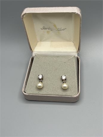 Sterling silver rhinestone and pearl dangle earrings