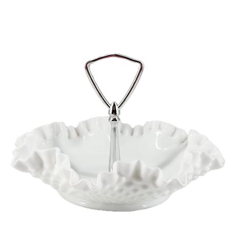 Vintage Fenton Milk Glass Hobnail Ruffled Nut Dish with Handle