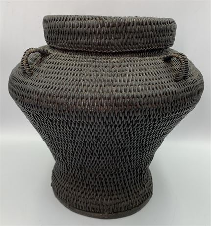 Early Hand Woven Antique Lidded Storage Basket