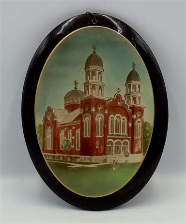 Antique Oval Convex Cathedral Hand Tinted Souvenir Photograph