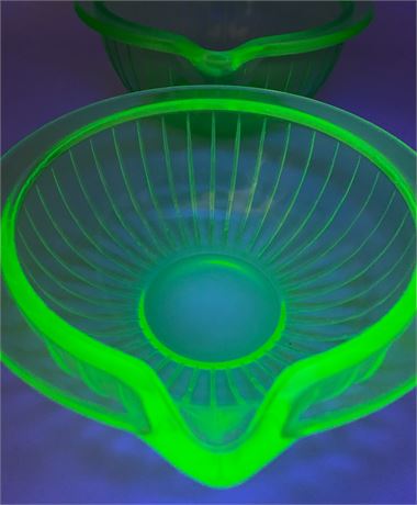 2 Art Deco Uranium Glow Green Glass Mixing Bowls