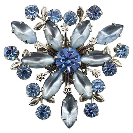 Vintage Prong Set Ice Blue Rhinestone Navette Triangle Brooch