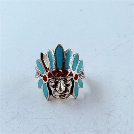6.8g Sterling Navajo Chief Head Ring Size 9