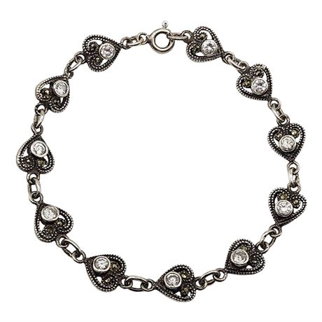 Vintage MARSALA Sterling Silver Marcasite & CZ Hearts Bracelet