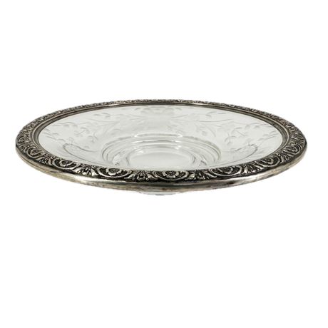 Antique Etched Crystal Dish with Sterling Silver Rim