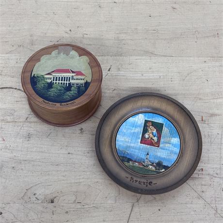 Hand Painted Wooden Plate and Covered Container