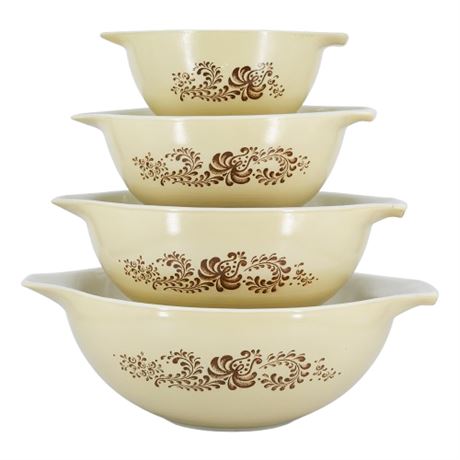 Vintage Pyrex "Homestead Brown" Cinderella Mixing Bowls Set, Complete