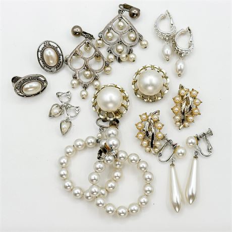 Lot of 10 Pairs Vintage Silver Tone & Faux Pearl Clip-On Earrings