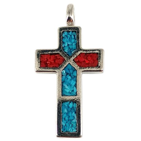 Cross Pendant with Turquoise-Color & Red Inlay