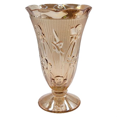 Jeannette Iris & Herringbone Marigold Carnival Glass Footed Vase