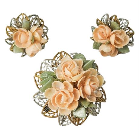 Vintage Two-Tone Filigree & Shell Flowers Brooch & Screwback Earrings Set
