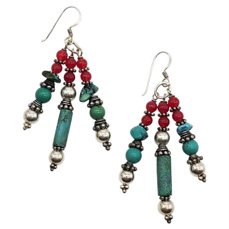 Artisan Made Turquoise Bead Earrings w/ Sterling Hooks