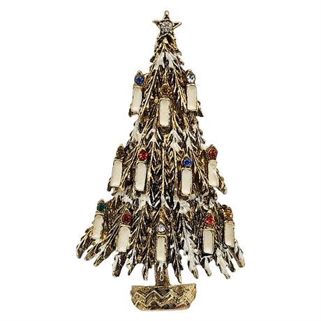 Vintage ART Rhinestone & Enamel Candlelit Christmas Tree Brooch