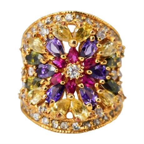 Multicolored Crystal & Spinel Floral Motif Ring, Sz 6.75