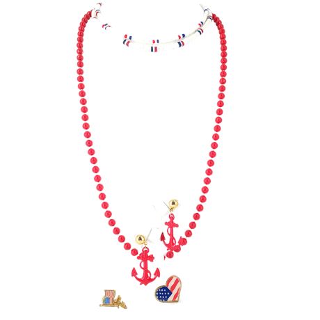 Red, White & Blue Costume Jewelry Lot, Shell Necklaces, Anchor Earrings, Pins