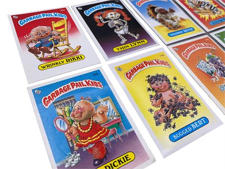 9 UK Mini c1985 Garbage Pail Kids Collectors Cards: Guillotina, Bugged Bert