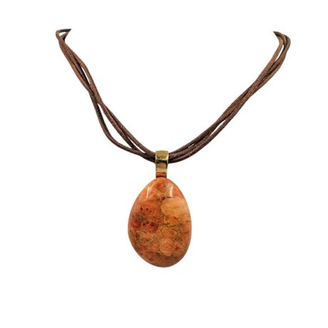 Barse Thailand Leather Banded Orange Brecciated Jasper Necklace