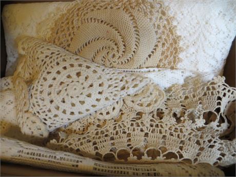Box of Vintage Lace Table Linens